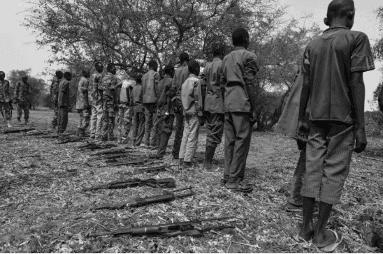 Line of people standing with rifles laid on the ground, under a tree in an outdoor setting.
